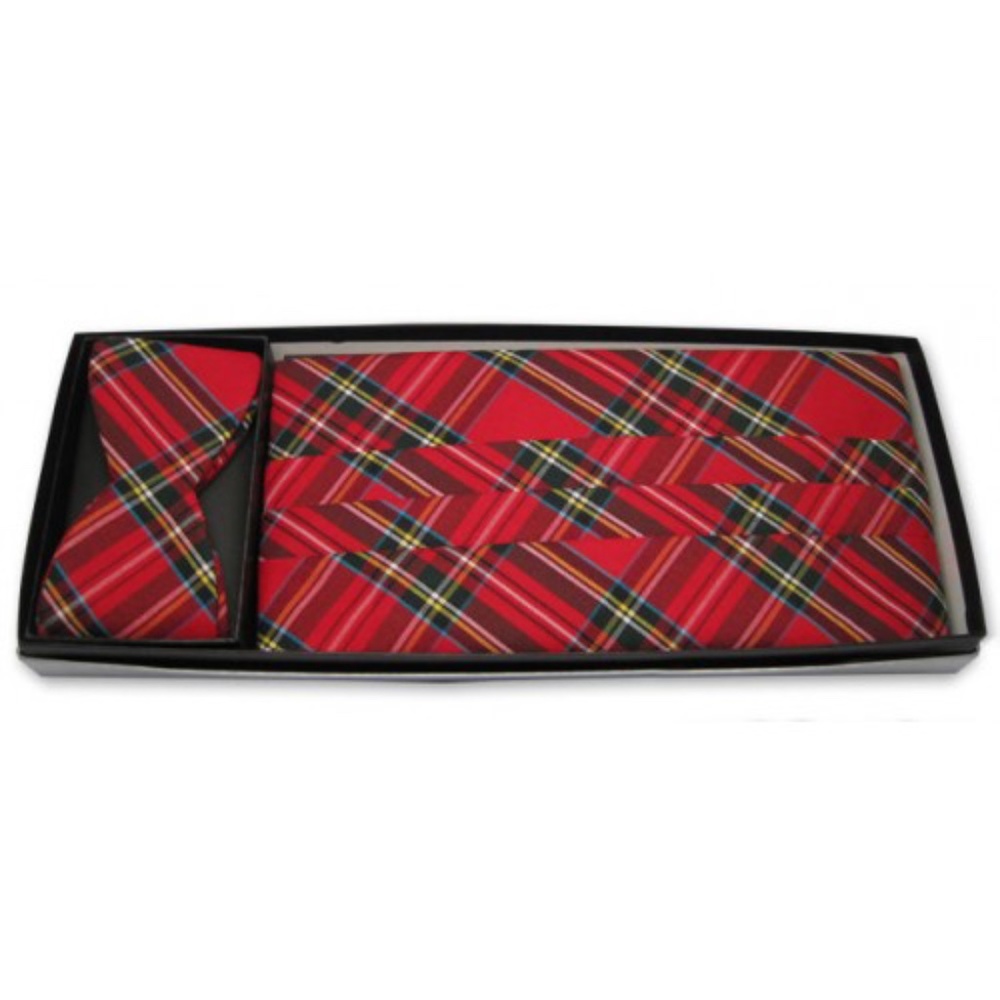 Red Christmas Tartan Plaid Cummerbund and Matching Self Tie Bow Tie